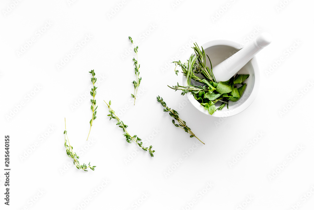 Healing herbs for medicine on white background top view