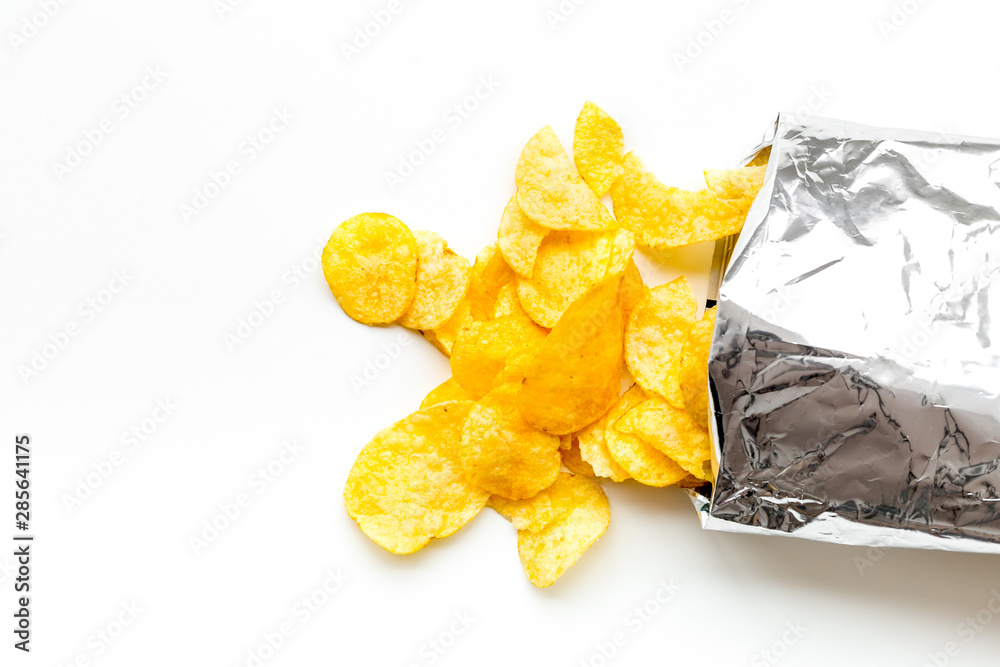 Potato chips bag ready to eat on white background top view mock up