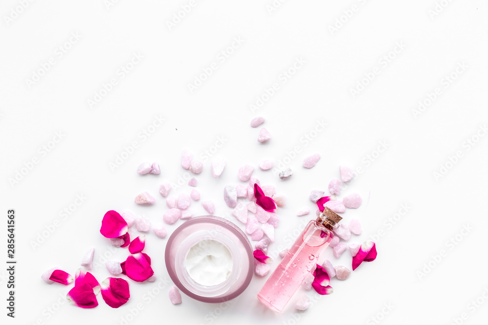 salt and rose cosmetics mock up on white background top view