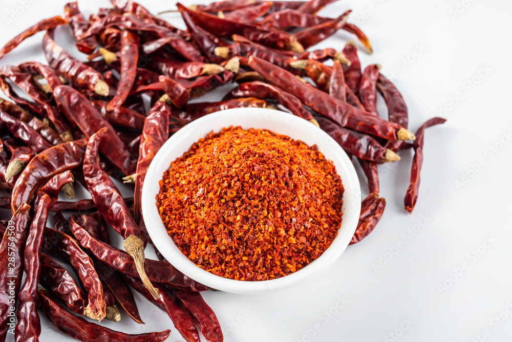 a plate of paprika and red dried chili on a white background