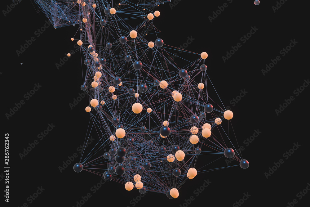 Gene lines and nodes, biological gene structure, 3d rendering.