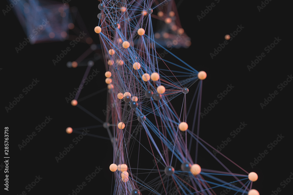 Gene lines and nodes, biological gene structure, 3d rendering.