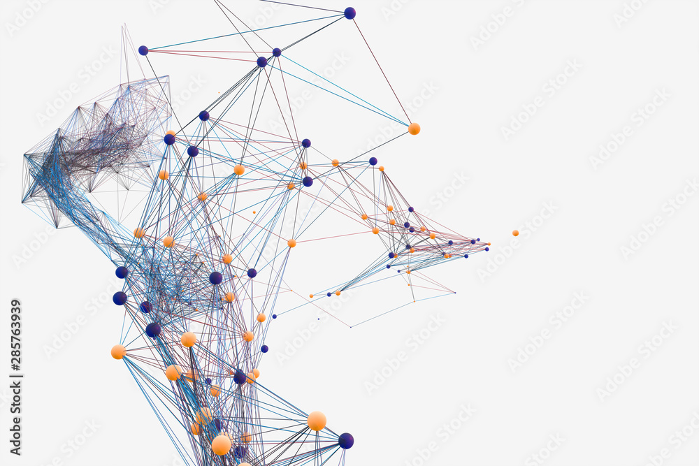 Gene lines and nodes, biological gene structure, 3d rendering.