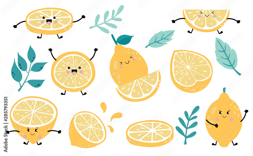 Cute lemon,citrus object collection.Whole, cut in half, sliced on pieces lemons. Vector illustration