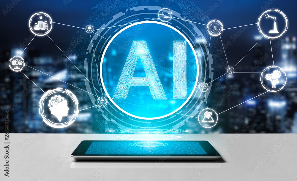 AI Learning and Artificial Intelligence Concept - Icon Graphic Interface showing computer, machine t