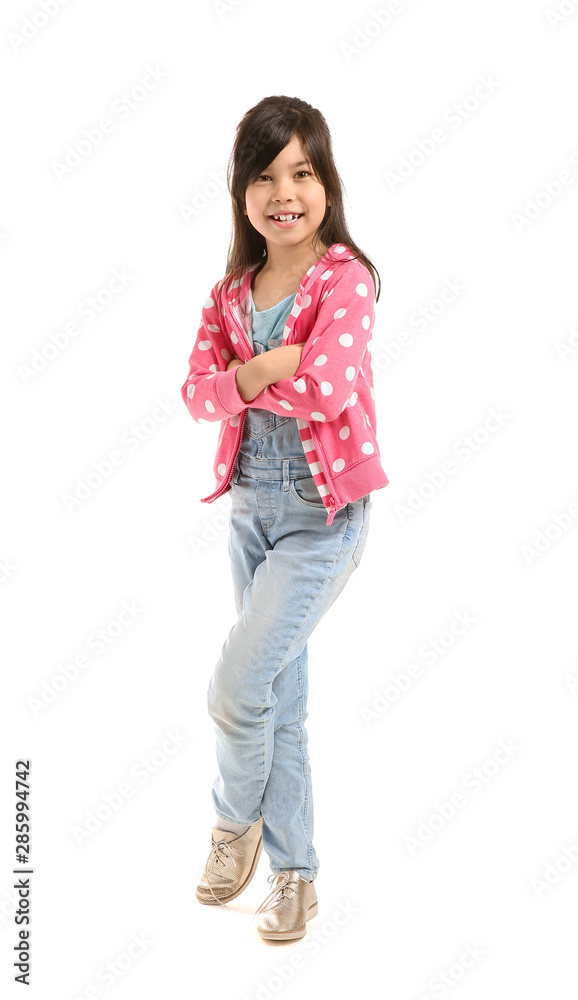 Portrait of cute little girl on white background