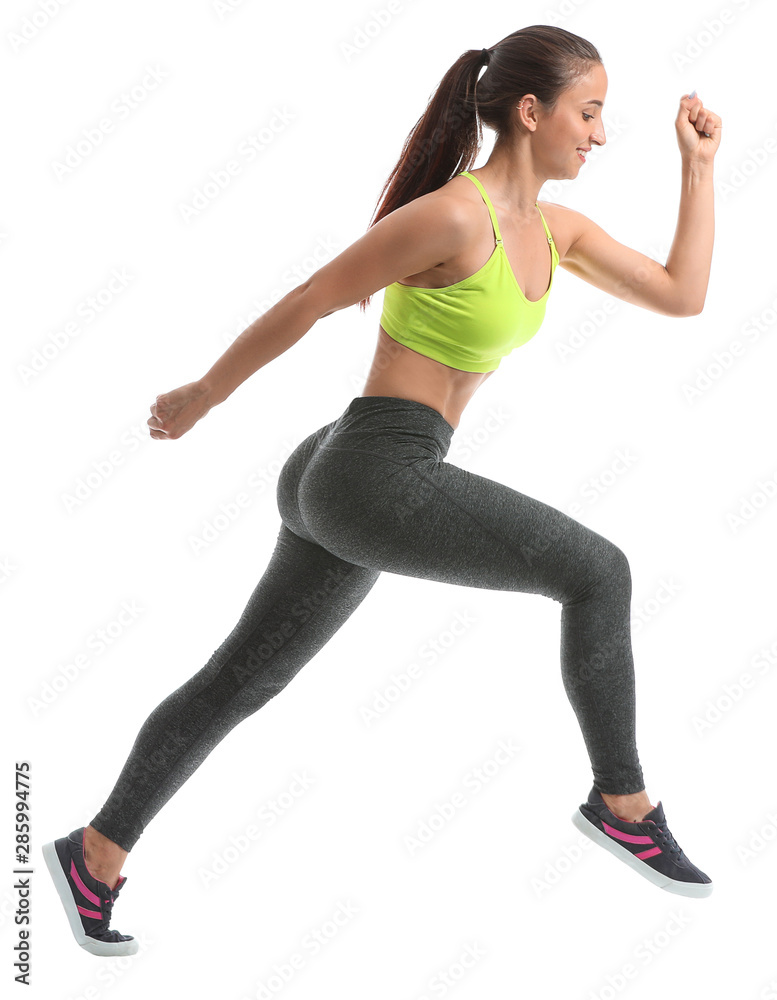 Running sporty woman on white background