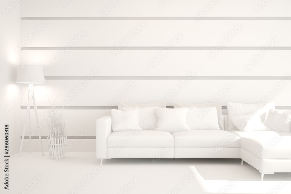 Mock up of stylish room in white color with sofa. Scandinavian interior design. 3D illustration