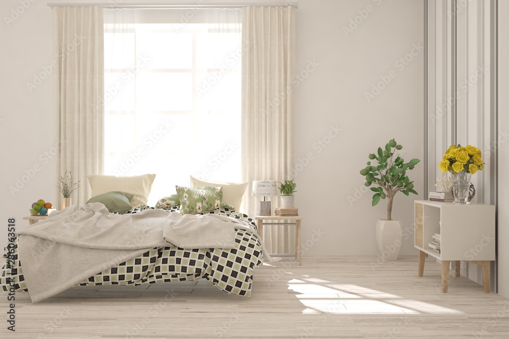 Stylish bedroom in white color. Scandinavian interior design. 3D illustration