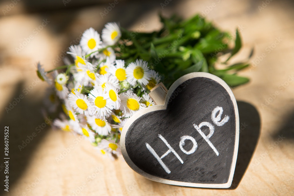 Hope - inscription on the heart, sharing hope concept, wooden background