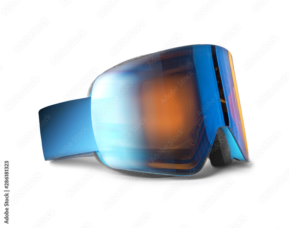 Modern ski goggles closeup isolated on white background