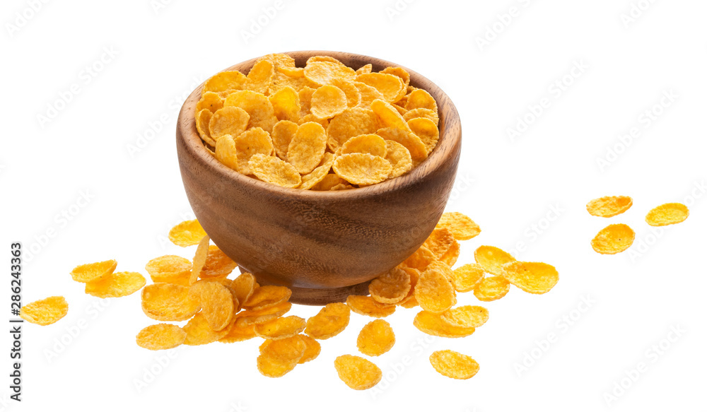 Corn flakes in wooden bowl isolated on white background