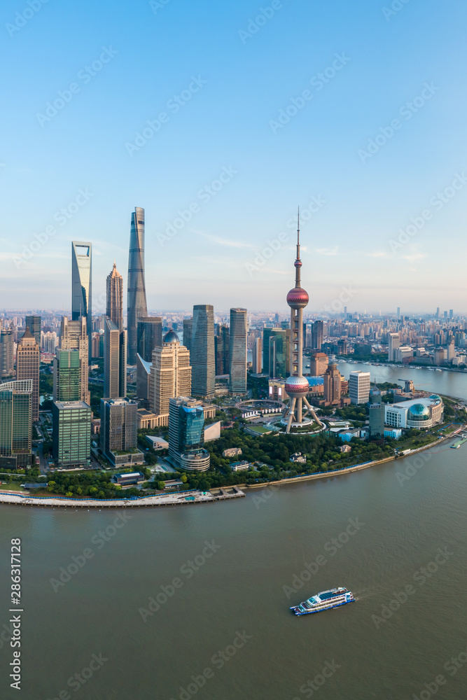 Aerial view of Shanghai skyline at sunset,China.