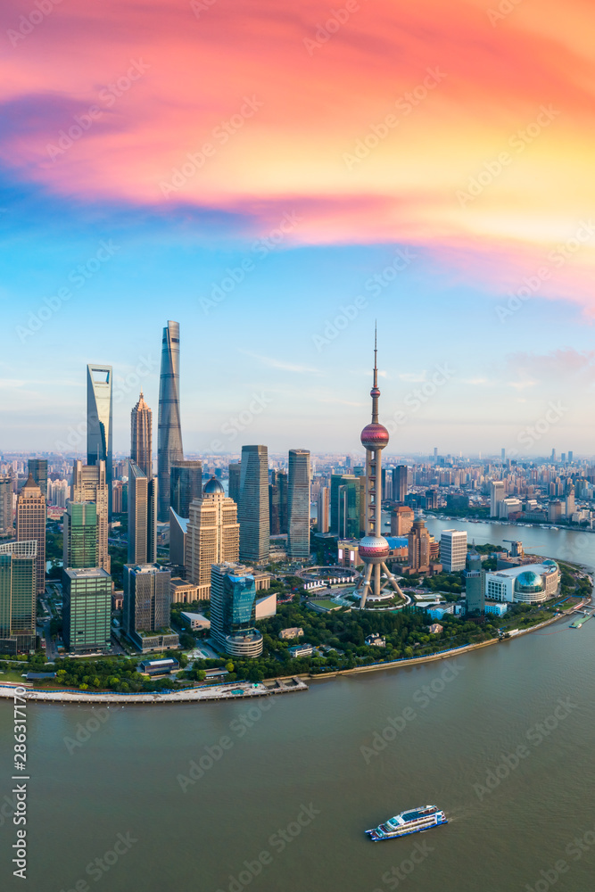 Aerial view of Shanghai skyline at sunset,China.