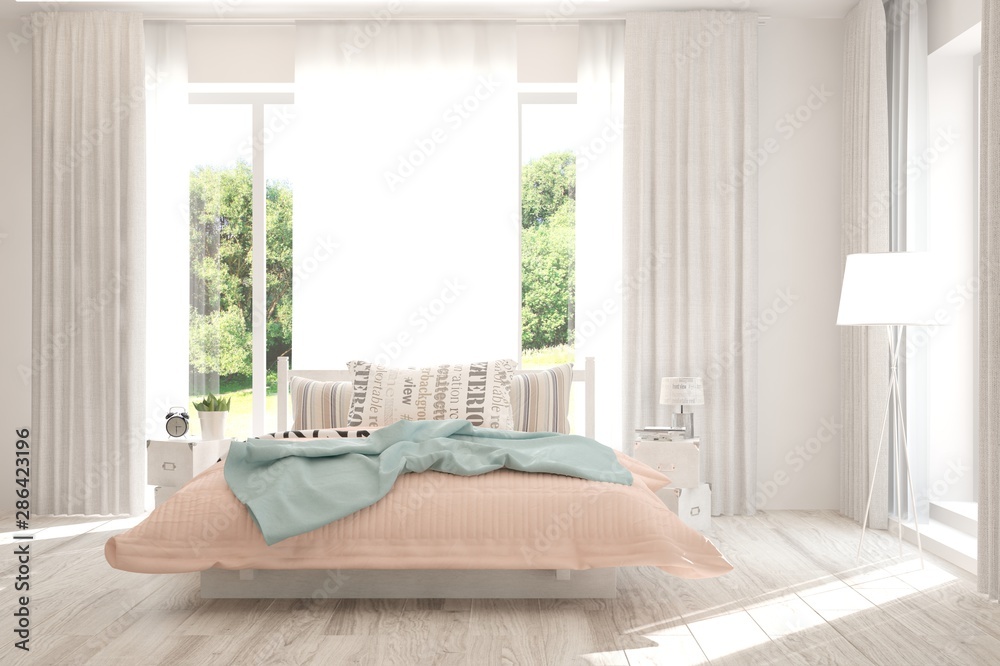 Stylish bedroom in white color with smmer landscape in window. Scandinavian interior design. 3D illu