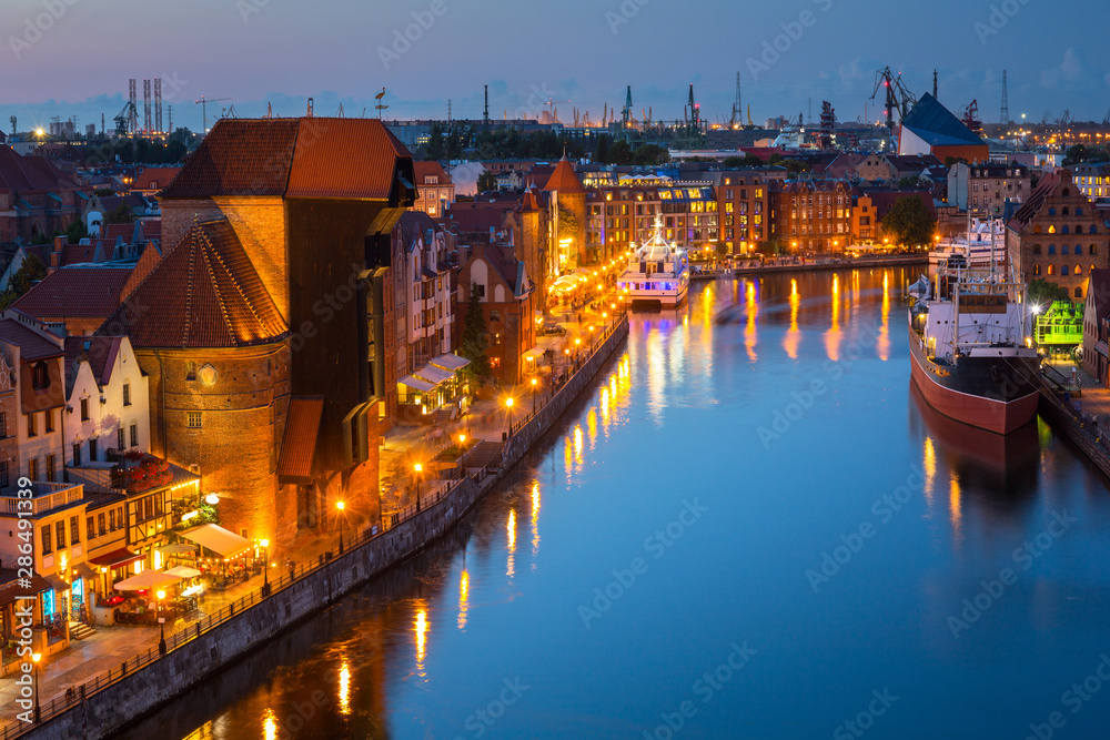 Beautiful architecture of the old town in Gdansk at dusk, Poland.