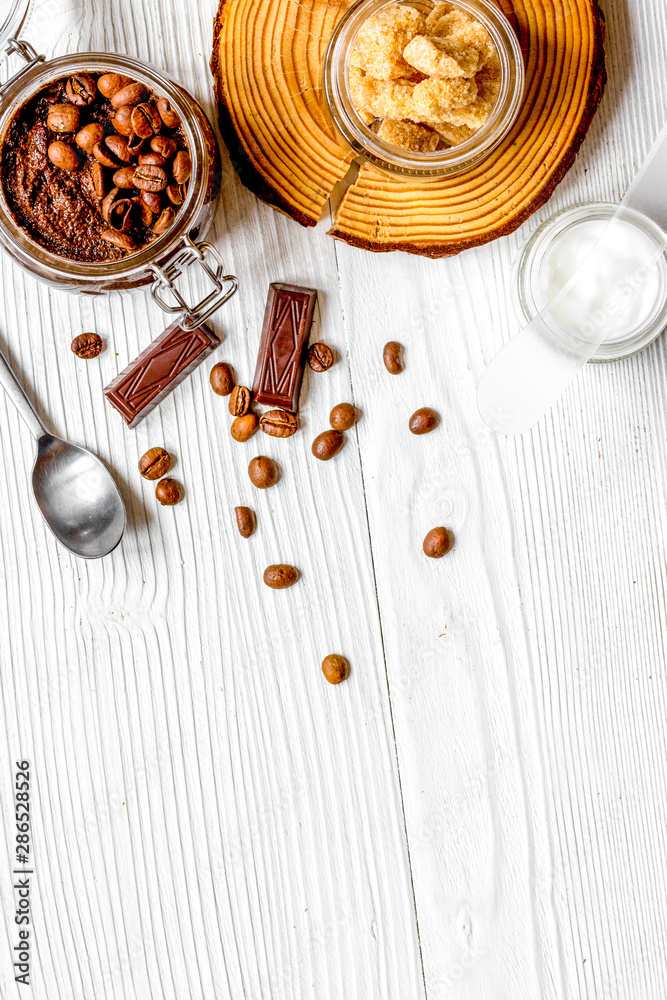 Organic cosmetics based on coffee top view wooden background