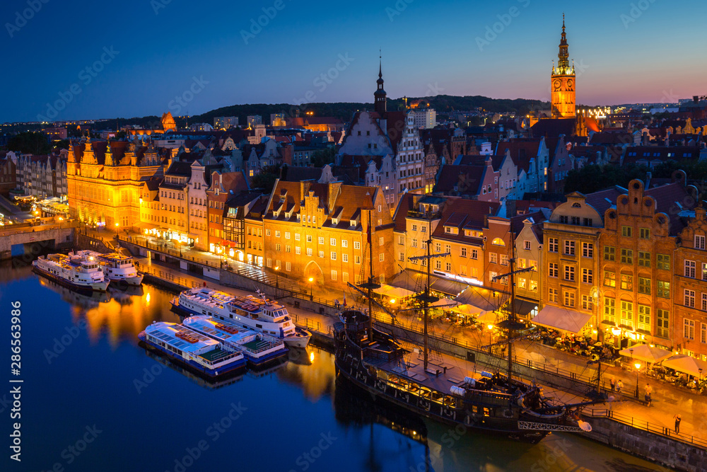 Beautiful architecture of the old town in Gdansk at dusk, Poland.