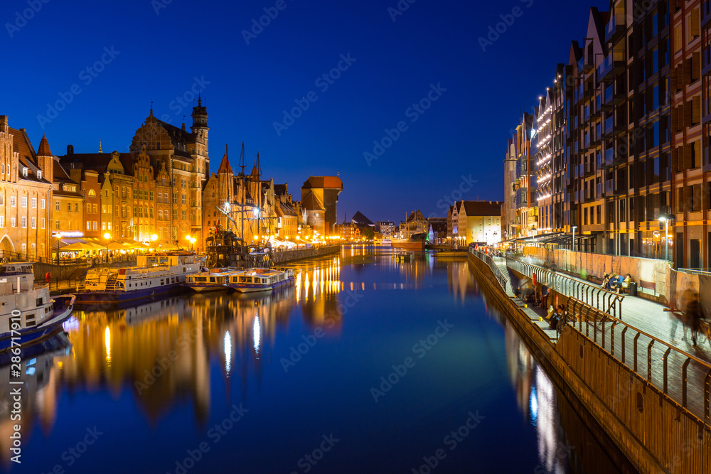 Beautiful architecture of the old town in Gdansk at dusk, Poland.