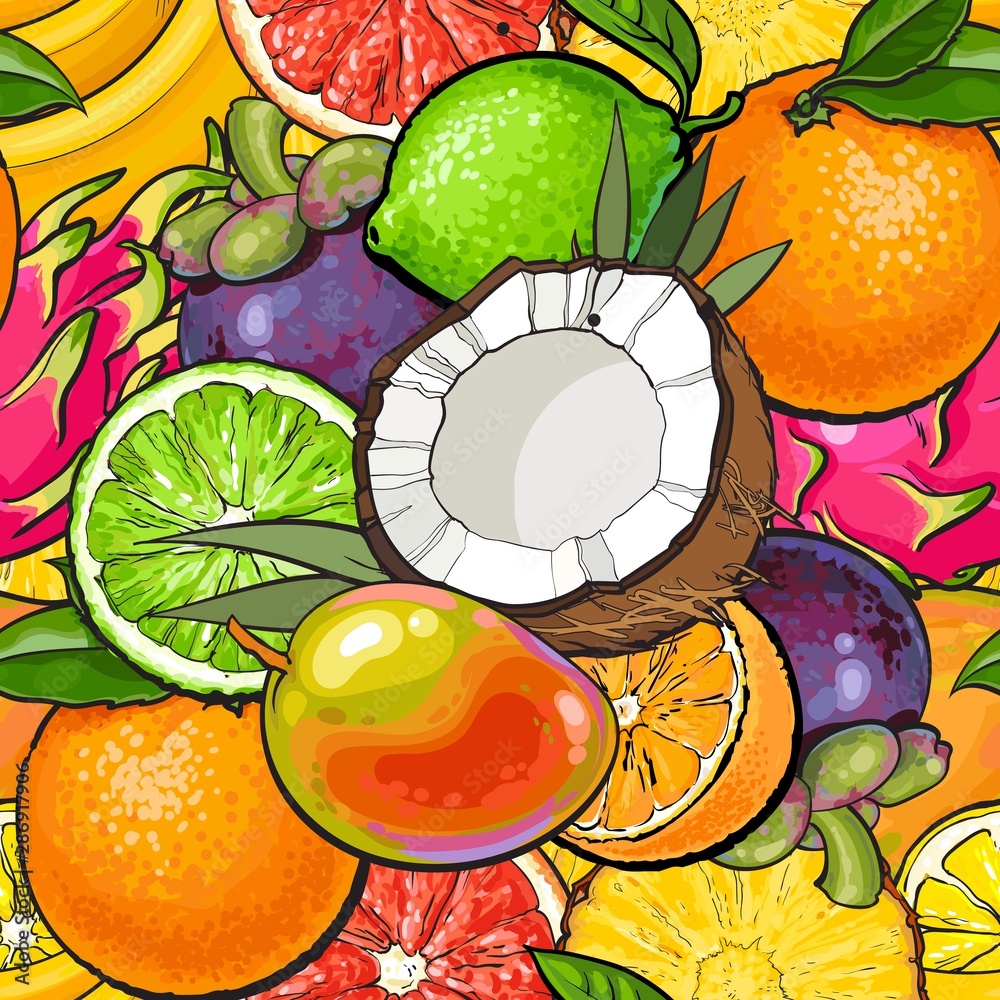 Seamless summer tropical pattern with exotic fruits sketch vector illustration.