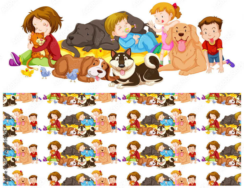 Seamless background design with children and pet