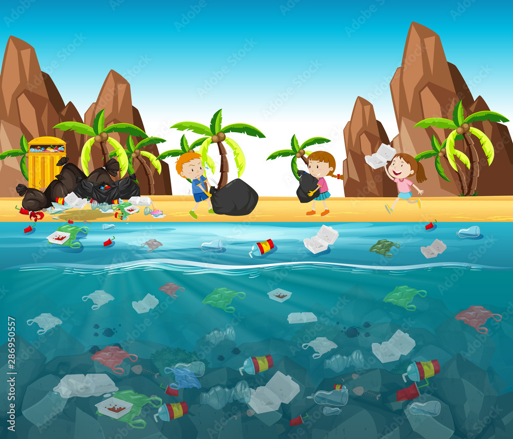 Water pollution with plastic bags in ocean