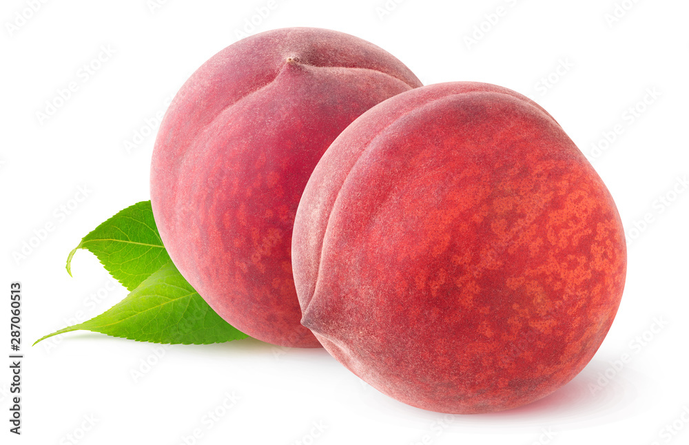 Isolated peaches. Two fresh peach fruits isolated on white background with clipping path