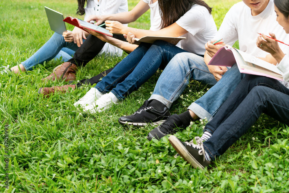 在大学或学校公园的小组项目中学习的年轻学生团队。快乐学习