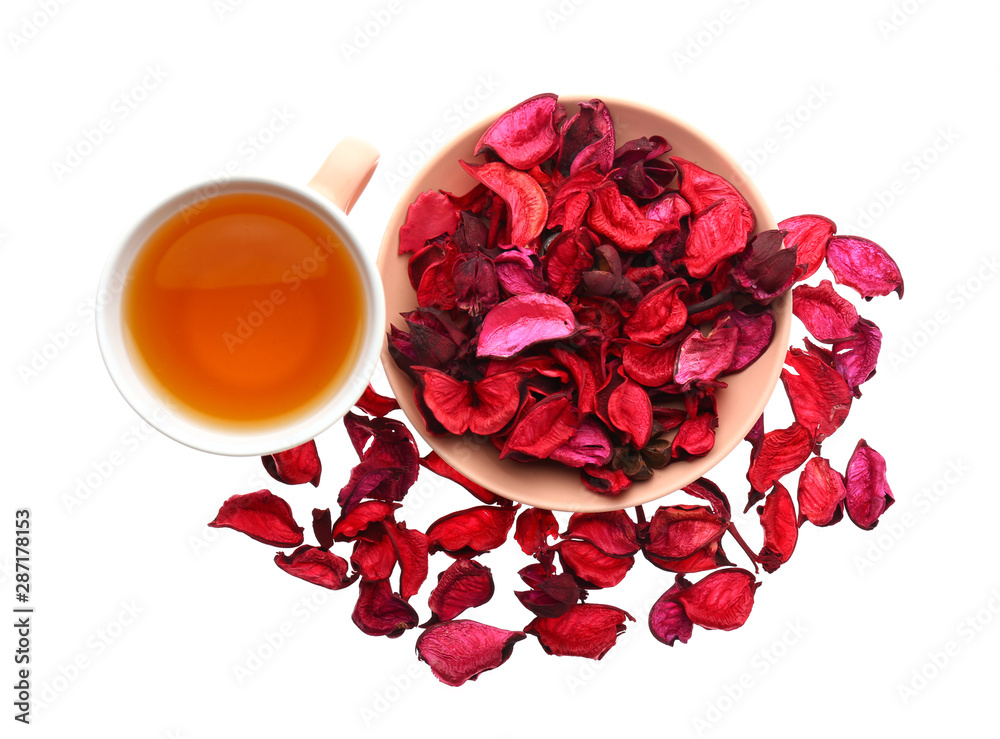 Cup of tasty tea on white background