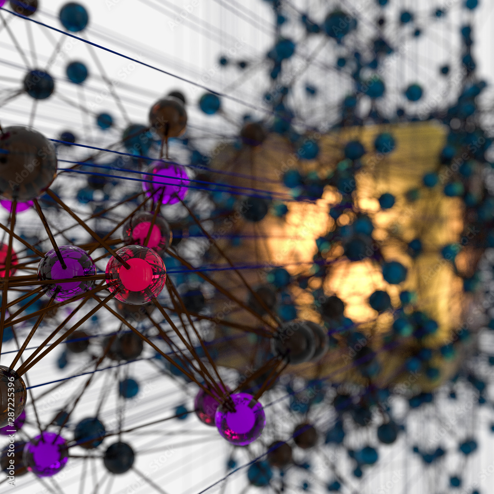 Transparent cube and technical connection, 3d rendering