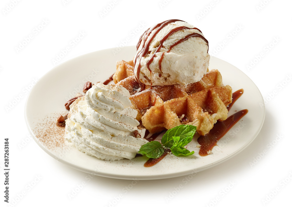 belgian waffle dessert on white plate