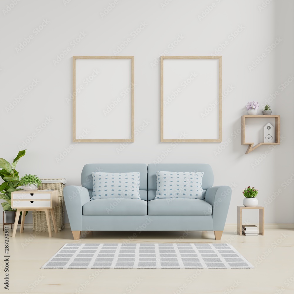 Interior poster mockup with vertical empty wooden frame standing on wooden floor with sofa and cabin