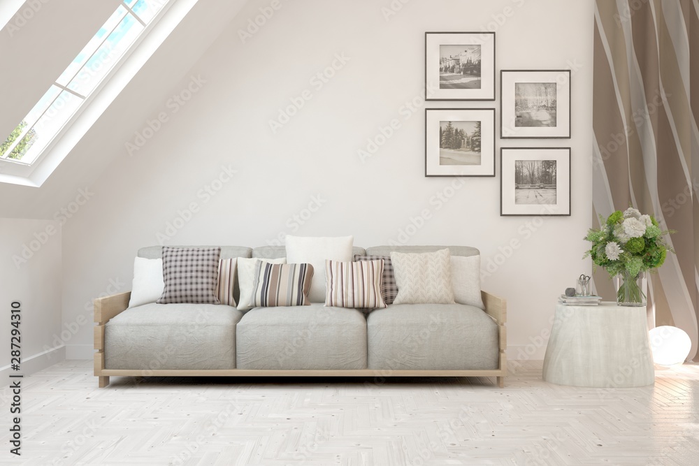 Stylish room in white color with sofa. Scandinavian interior design. 3D illustration