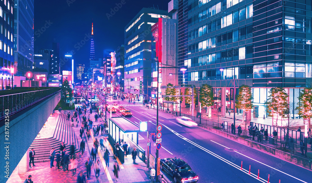 Aerial view of people walking near the World Trade Center in Minato, Tokyo, Japan synth wave style