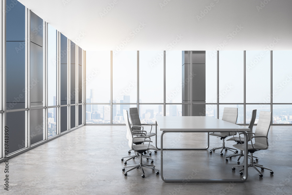 Contemporary meeting room interior with city view