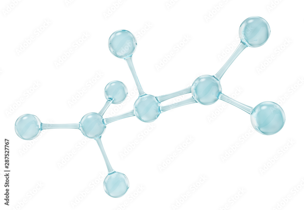 玻璃分子。反射和折射抽象分子形状，在白色背景上隔离。3d