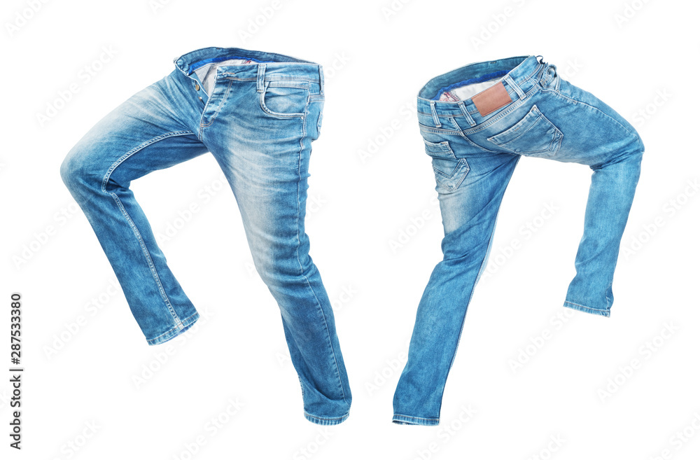 Blank jeans pants leftside and rightside isolated on a white background