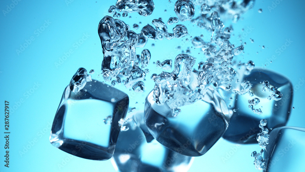 Group of ice cubes falling in water