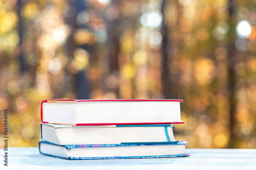 Textbooks on a fall forest background fall semester theme