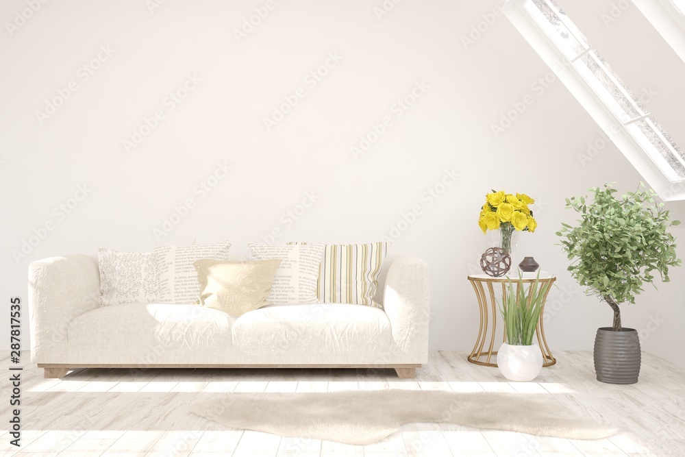 Stylish room in white color with sofa. Scandinavian interior design. 3D illustration