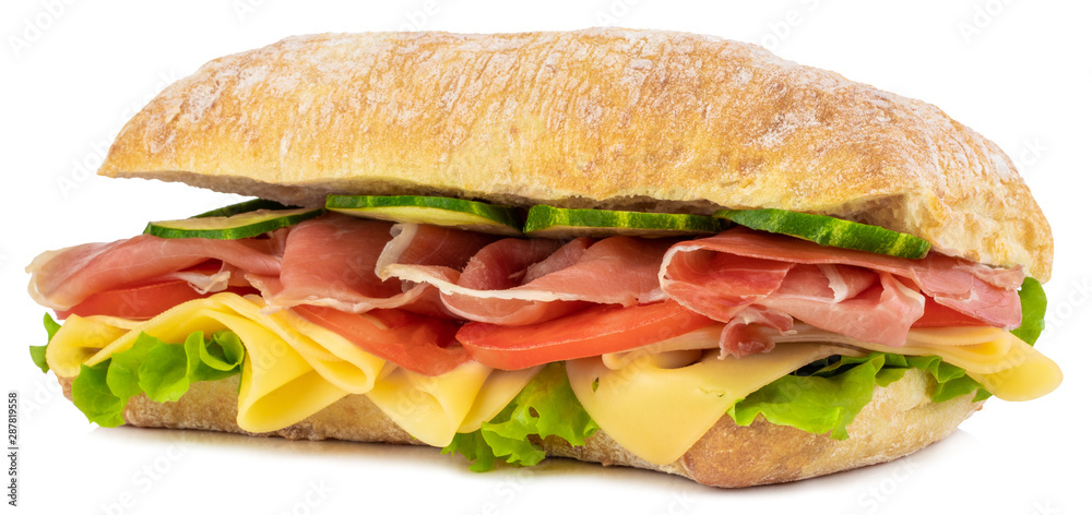 Ciabatta sandwich with lettuce, tomatoes prosciutto and cheese isolated on white background