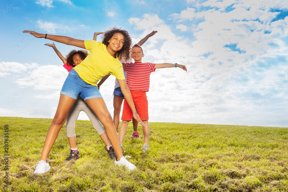 Group of kids boy with girls lean and stretch