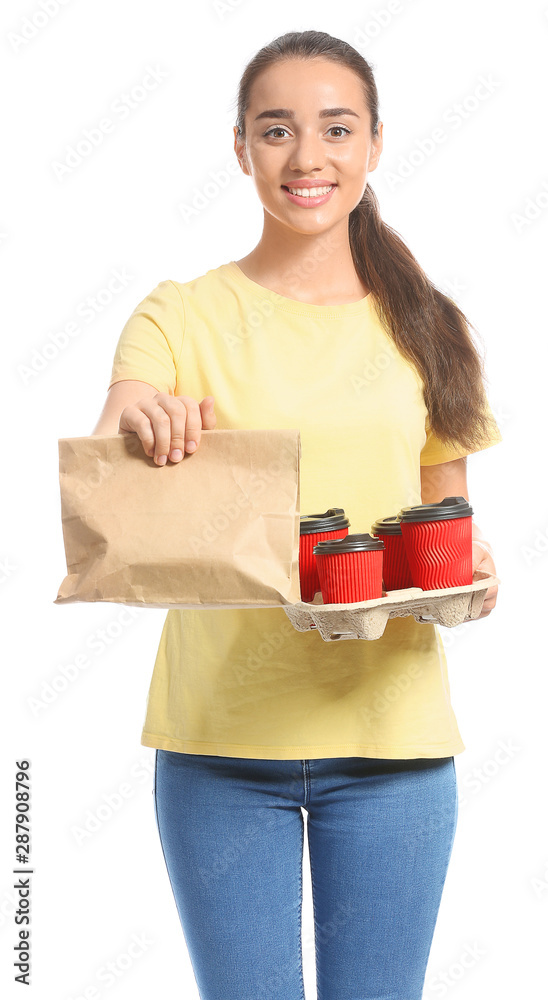 Female worker of food delivery service on white background