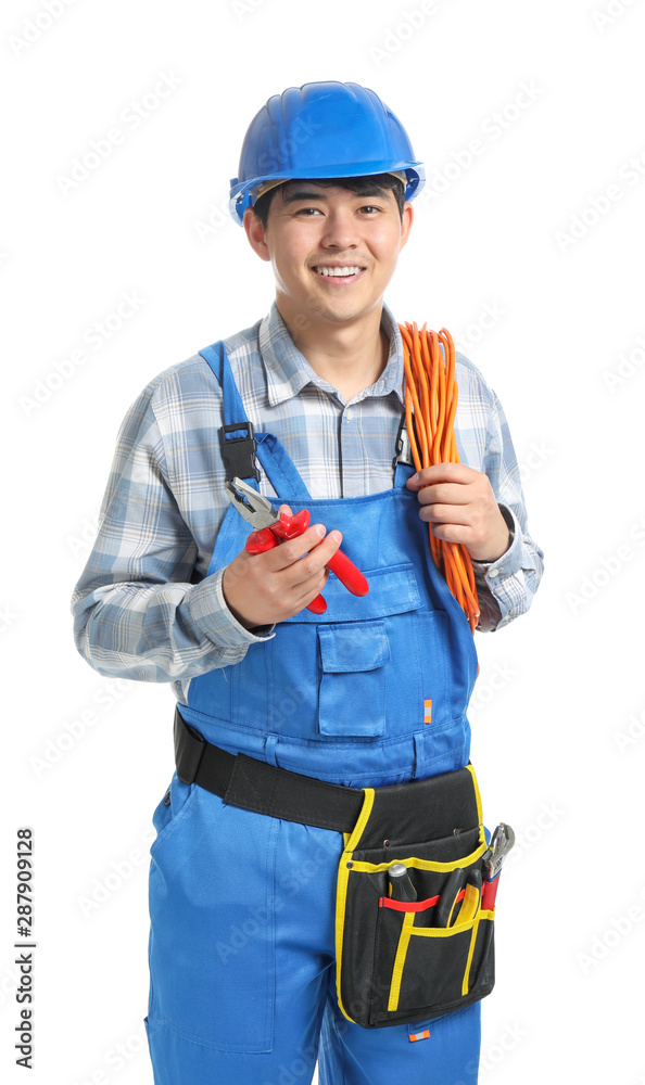 Male electrician on white background