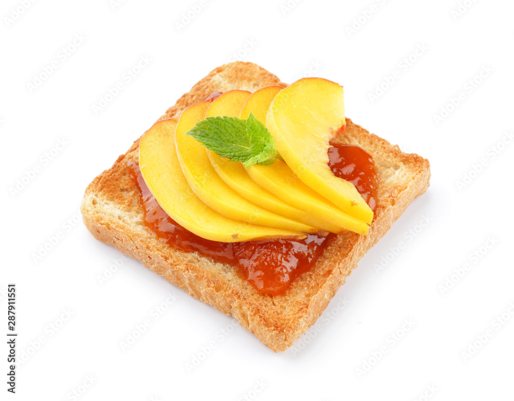 Tasty toasted bread with fruit jam on white background