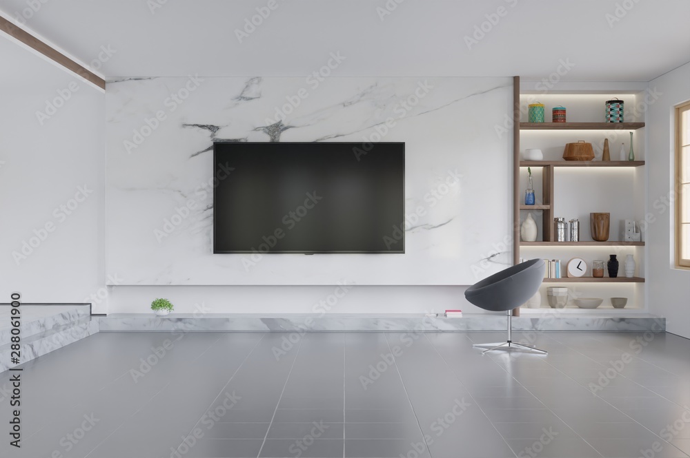 TV on the cabinet in modern living room with plant on white wall background.