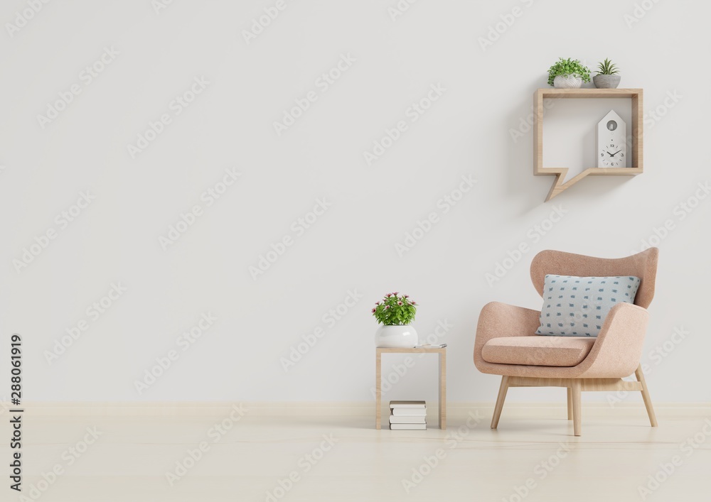 The interior has a armchair on empty white wall background.