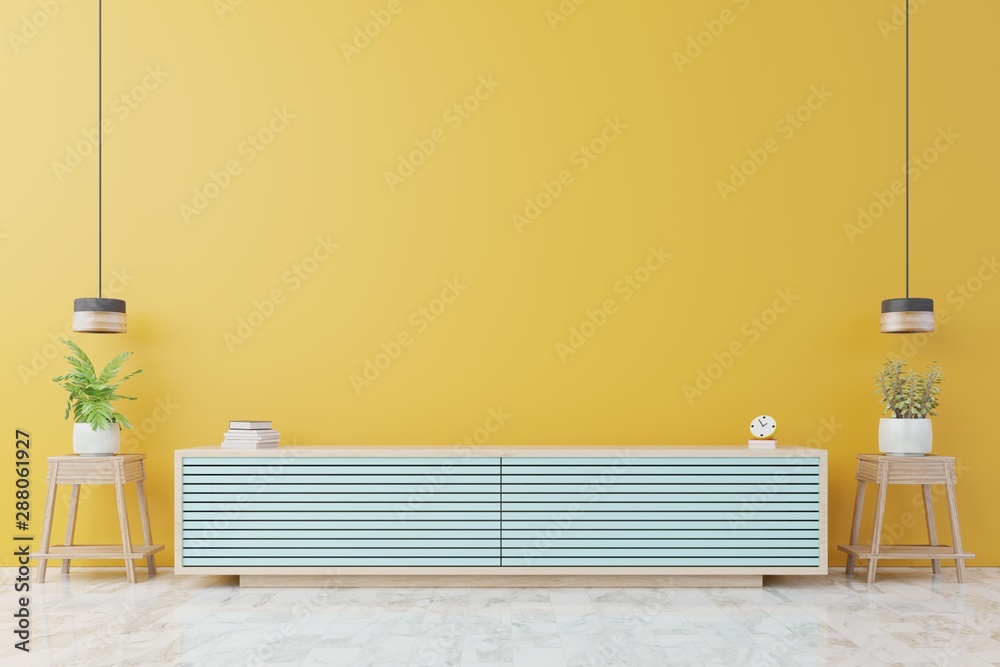 Cabinet For TV or place object in modern living room with lamp,table,flower and plant on yellow wall