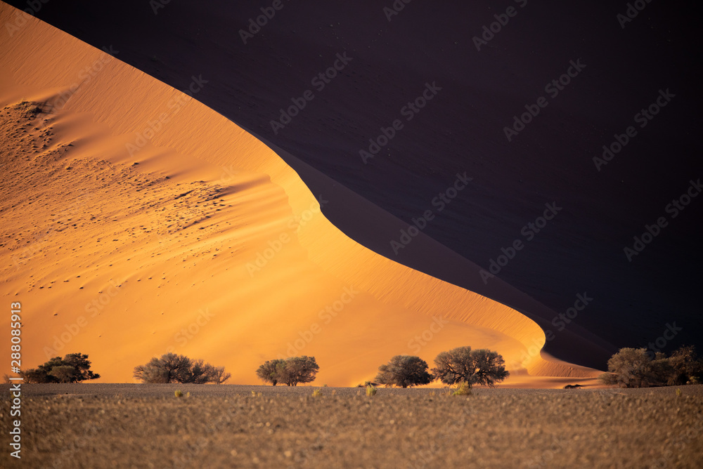 Deep colors of sand dunes during sunset. Sossusvlei, Namibia.