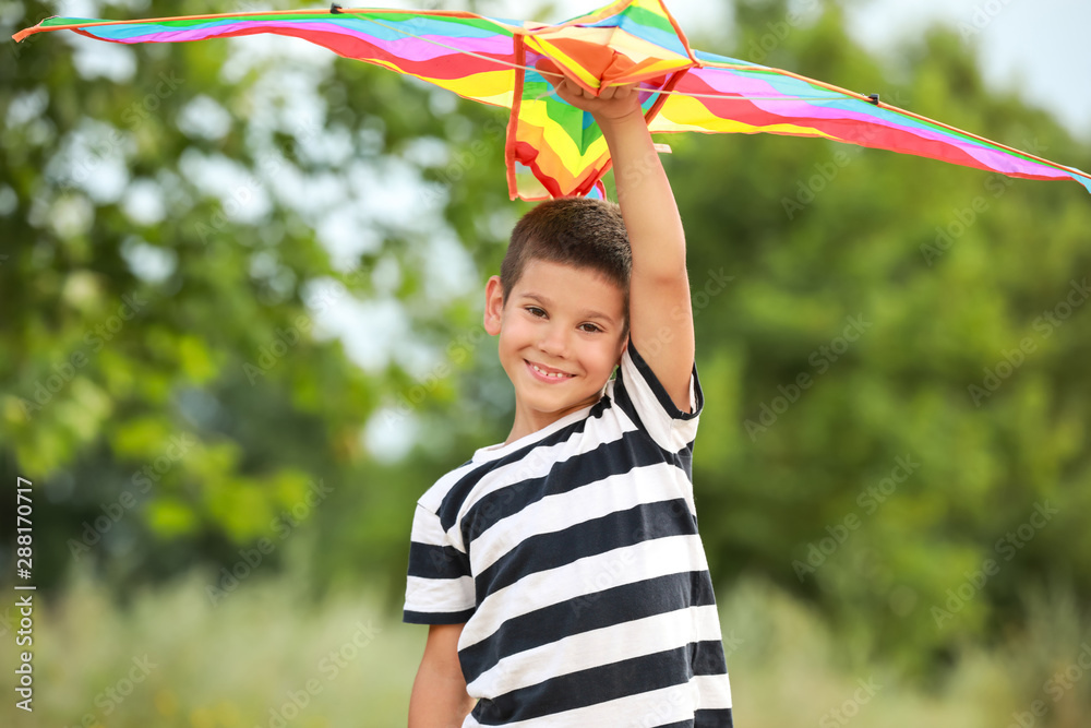 Little boy flying kite outdoors